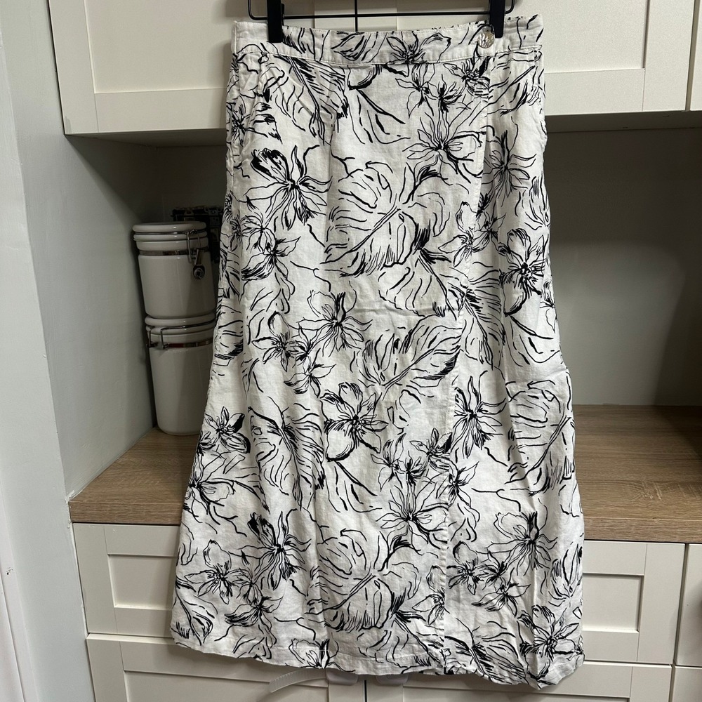 Joie Linen Floral Black and White Floral Midi/Maxi Wrap Skirt Womens M Botanical